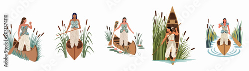 Bild auf Leinwand Flat illustration set of indigenous-style women paddling canoes through marshy w