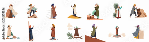 Obraz na płótnie Set of diverse illustrations featuring women in modest attire using smartphones across various natural landscapes, showcasing a blend of tradition and modern technology