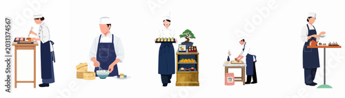 Tableau sur toile Professional chefs in uniforms preparing and presenting various Japanese-inspired desserts and pastries in a clean flat illustration style