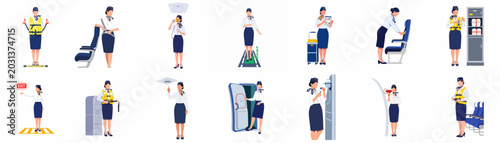 Принти на полотні Set of flight attendant characters demonstrating airplane safety procedures, emergency protocols, and equipment usage in a flat vector illustration style
