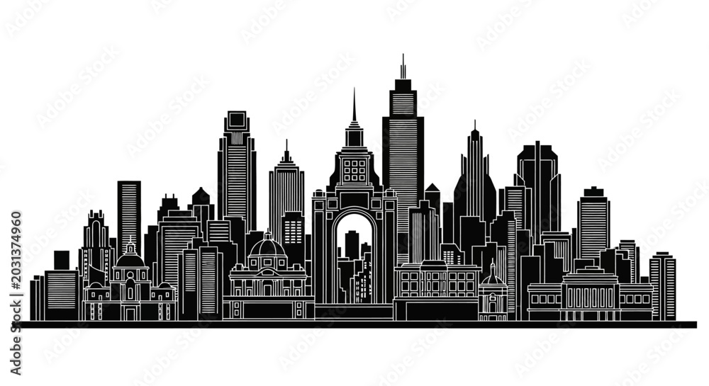Obraz premium Black and white city skyline silhouette illustration