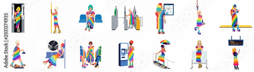 Canvastavla Flat vector illustration set of drag queens wearing rainbow outfits navigating different parts of a public transportation subway system during Pride month