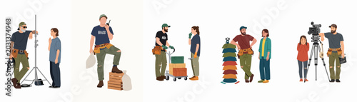 Obraz na plátně Set of professional film production crew members working with cameras, lighting stands, tools, and gear in flat vector illustration style