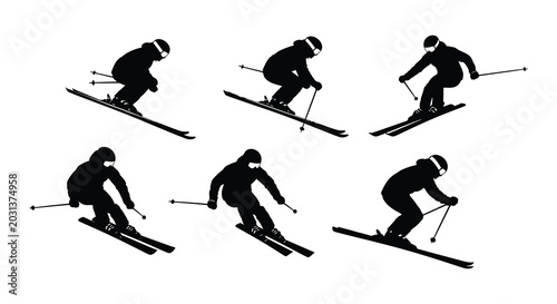 Vászonkép Skiers in action black silhouette vector illustration set