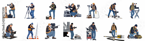 Quadro su tela Professional film crew and videographers set with various filming equipment like cameras, tripods, and monitors, flat vector illustration isolated on white background