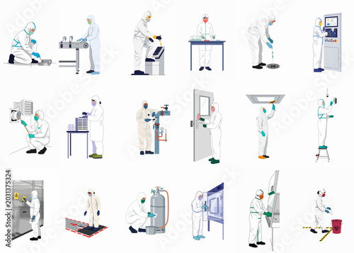 Collection of professional people in protective hazmat suits performing various industrial, scientific, laboratory, and maintenance tasks, vector illustration set.