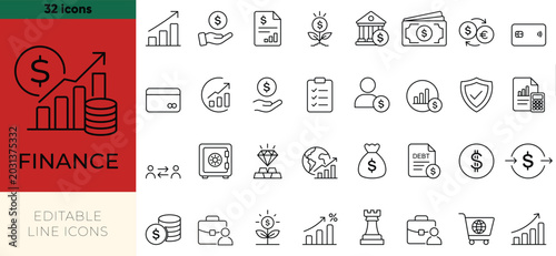 Finance Money Banking Investment Loan Icon Set. Editable vectors for credit, budget, cash, profit, and saving.