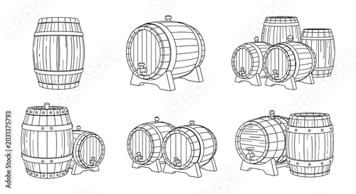 Wooden barrels collection black and white line art illustration