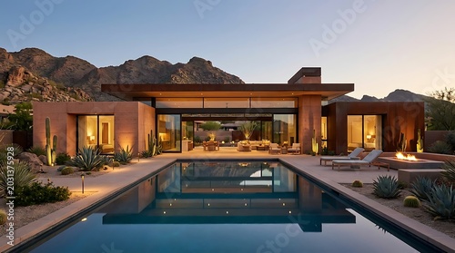 Modern luxury desert home with swimming pool at sunset
