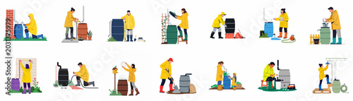 Set of flat vector illustrations showing people installing and using rain barrels for water conservation and sustainable gardening practices at home.