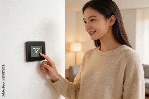 Woman adjusting wall thermostat in home