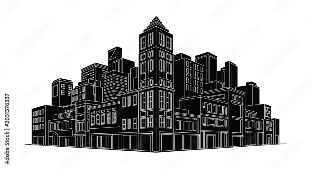 Fototapeta premium Black and White Cityscape Silhouette Vector Illustration