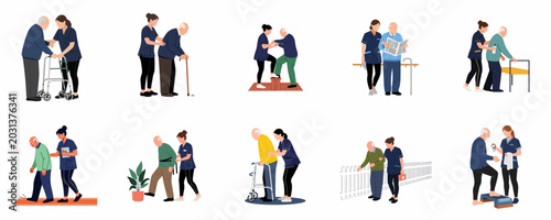 Tablou pe pânză Vector illustrations of a nurse caregiver assisting elderly men with mobility, exercises, and daily activities in a nursing home or home care setting