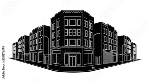 Minimalist black and white city street corner with buildings