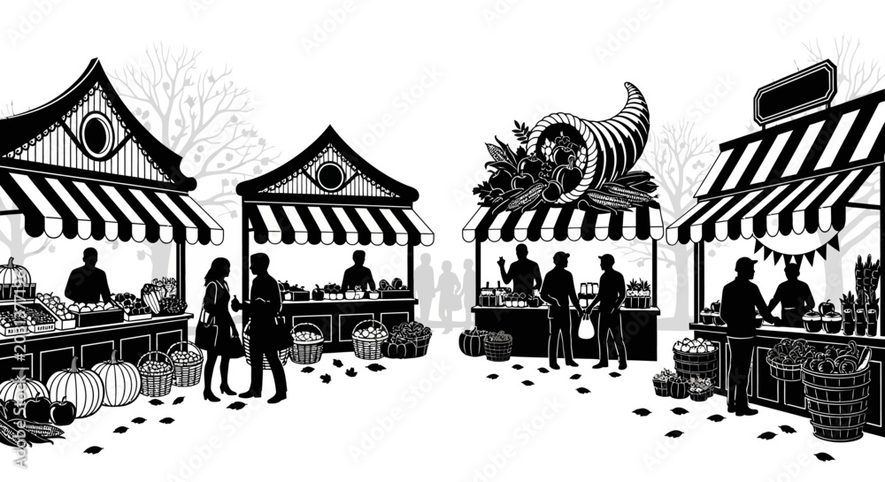 Obraz premium Black and white market scene with vendors and shoppers