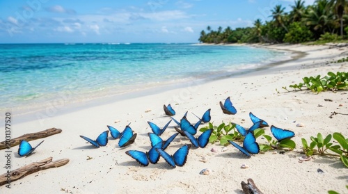 Vibrant Blue Butterflies on Pristine Sandy Beach