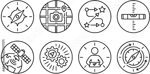 Foto Black and White Line Art Icons: Compass, Map, Planning, Level, Satellite, Gears,
