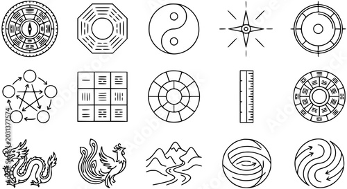 Fotografía Feng Shui Symbols Line Art Icons: Yin Yang, Bagua, Dragon, Phoenix, Compass, Mou