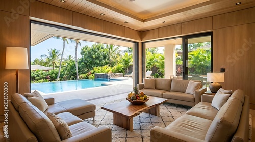 Modern luxury living room with open walls leading to a tropical pool