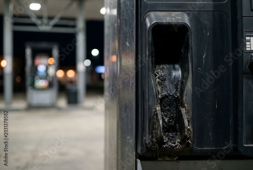 Close-up of gas station fuel pump nozzle holder indent with exhaust soot and oil paste