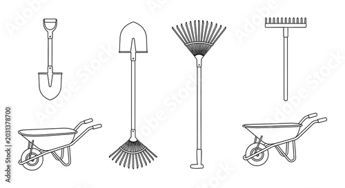 Gardening tools set black line art on white background