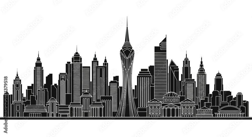 Obraz premium Modern City Skyline Silhouette Illustration with Tall Skyscraper