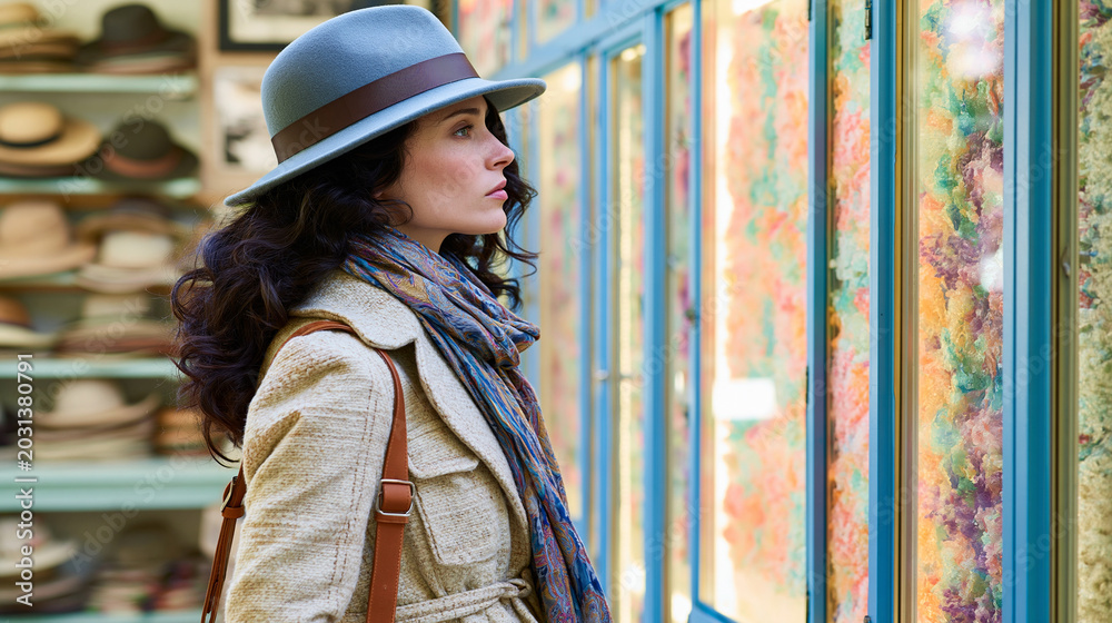 Obraz premium Woman in hat and scarf looking into a shop window display with window shopping