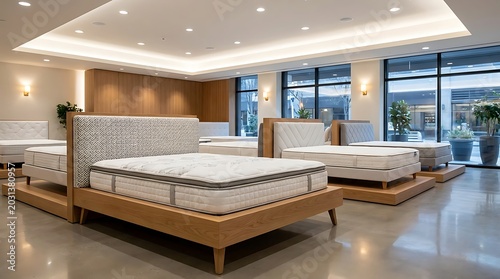 Modern bedroom furniture store with beds on display in a showroom