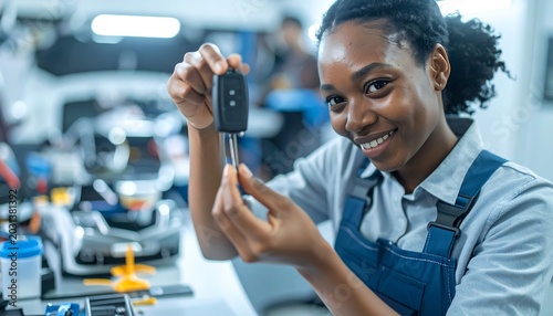 Smiling mechanic holds a car key in a repair shop, wearing blue overalls, with tools and car visible