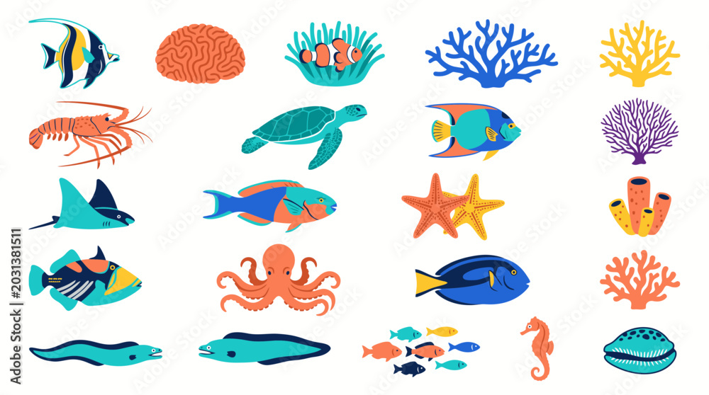 Fototapeta premium Detailed colorful illustrations of tropical fish, coral reefs, and sea creatures.