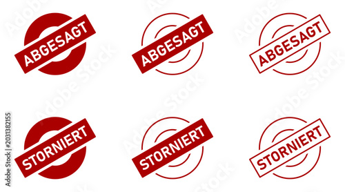 Fotografia Abgesagt and Storniert (meaning Canceled in German) Rubber Stamp Style Red Badge Seal Sign Symbol Icon Set with a Rotation of 30 Degrees
