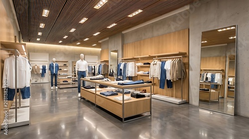 Modern clothing store with mannequins and various garments on display racks and shelves