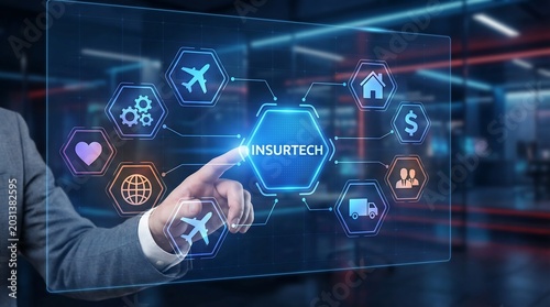Professional man interacting with holographic insurtech interface displaying various industry icons for insurance technology and financial digital services management in modern office