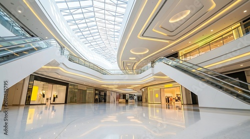 Modern shopping mall interior with escalators and storefronts