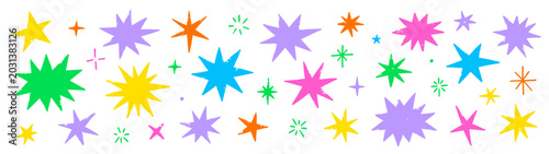 Star paper sticker element set. Hand drawn star torn paper cutout with grunge texture irregular edge. Colorful sparkle burst label scrapbook collage funky retro background. Vector illustration