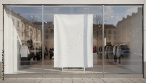 A storefront window with a blank poster for retail advertising mockup