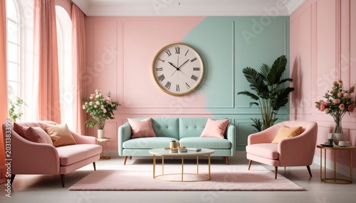 Modern living room with pastel colors and clock decor in a bright space during daytime