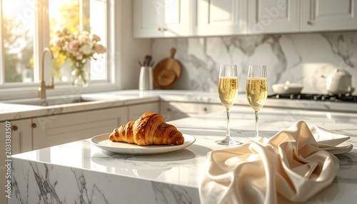 Croissants and champagne in a bright kitchen during the morning light
