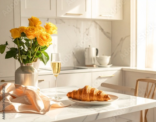 Breakfast scene with croissant and champagne in a bright kitchen with yellow flowers on the table