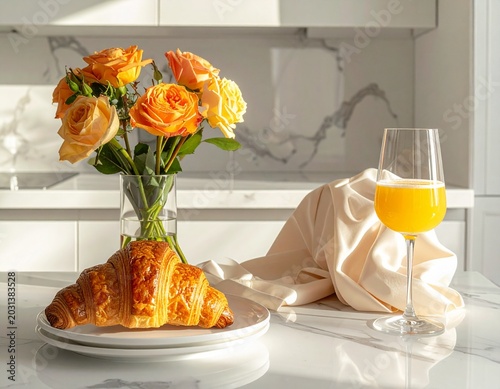 Freshly baked croissant with orange juice and roses on kitchen counter during morning light