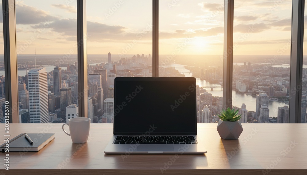 Fototapeta premium Blank laptop screen mockup on office desk with city view through glass windows at sunrise in clean minimalistic business workspace setup