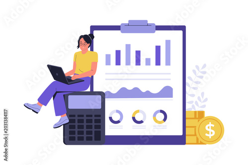 Illustration of Freelancer Auditing Financial Data Bookkeeping. A woman sitting on a giant calculator while reviewing financial spreadsheets and charts for business bookkeeping compliance