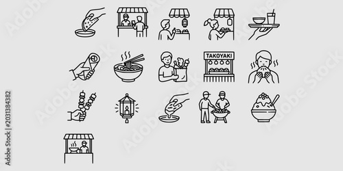 Photos Icon set collection of street food market culture, featuring vendor stalls, takoyaki, skewers, takeaway meals, and bustling snack scenes