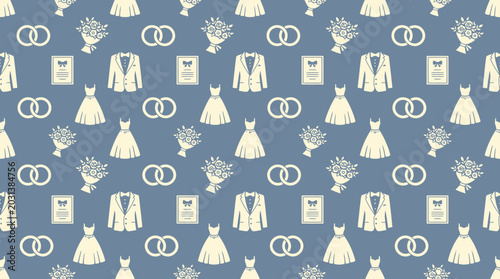 Tableau sur toile Seamless blue pattern featuring wedding dresses, rings, and bridal motifs for fabric and graphic design