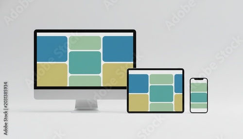 Responsive website landing page mockup displayed on a desktop, tablet, and smartphone with a clean, minimalist background to highlight the design