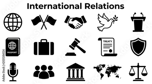 Billede på lærred A comprehensive set of black and white icons representing various aspects of international relations, diplomacy, law, and global cooperation