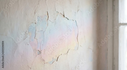 A close-up view of a damaged wall with peeling paint and cracks