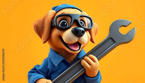 Happy Cartoon Dog Mechanic with Wrench and Safety Glasses