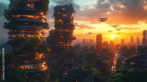 Futuristic cityscape with sustainable architecture and sunset sky
