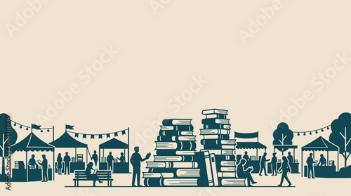 Fotografie Crowded Book Fair with Stacked Books and Stalls